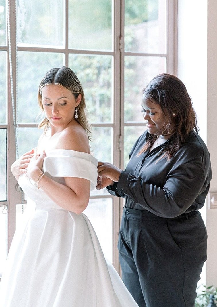 Elegant Wedding Dress. Bride getting ready for wedding at Zolana Weddings, stunning bridal gown and professional preparation.